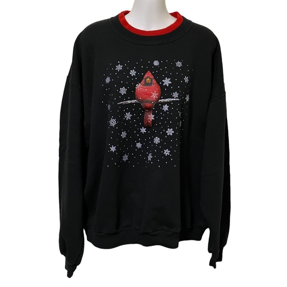Vintage Morning Sun Red Cardinal Bird Snowflake Double Collar Holiday Sweatshirt - Picture 1 of 8